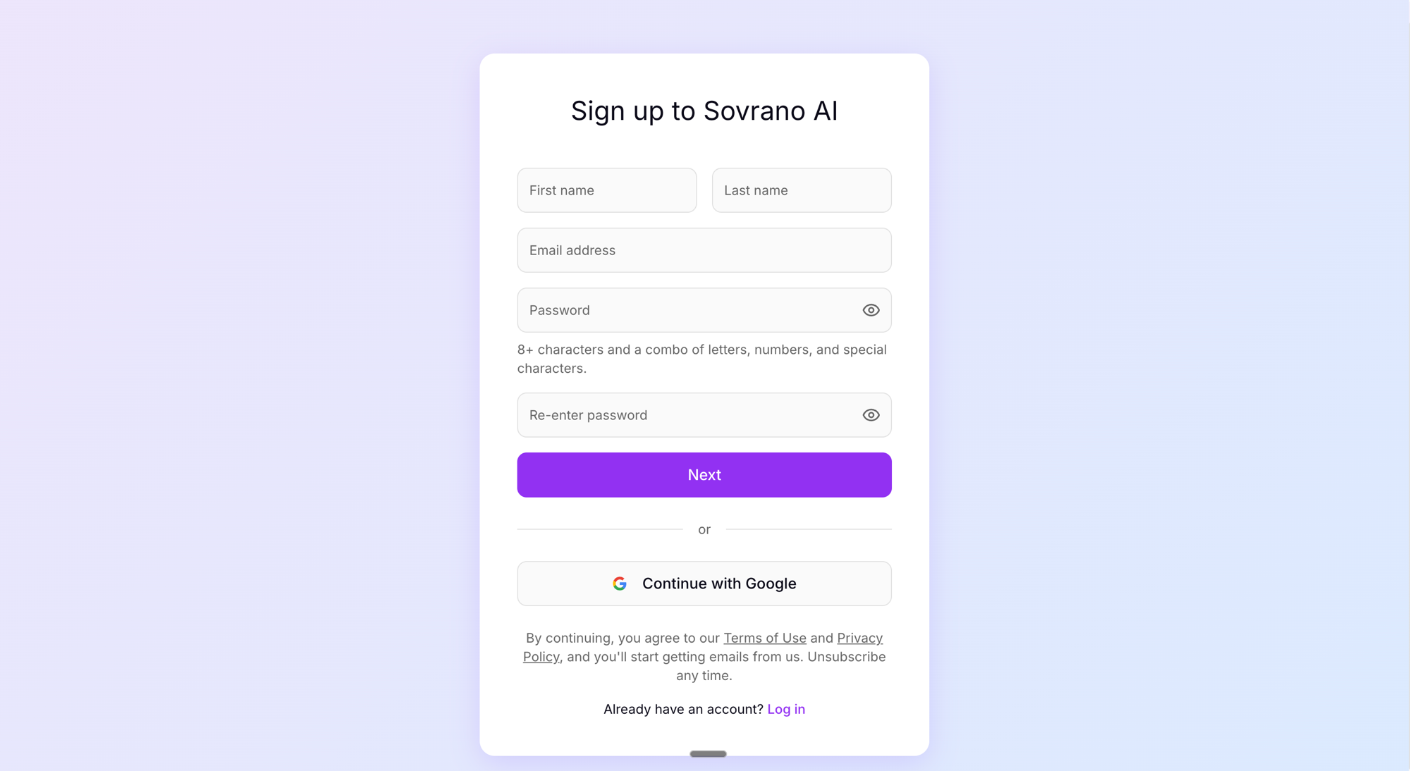 Sovrano AI sign-up page